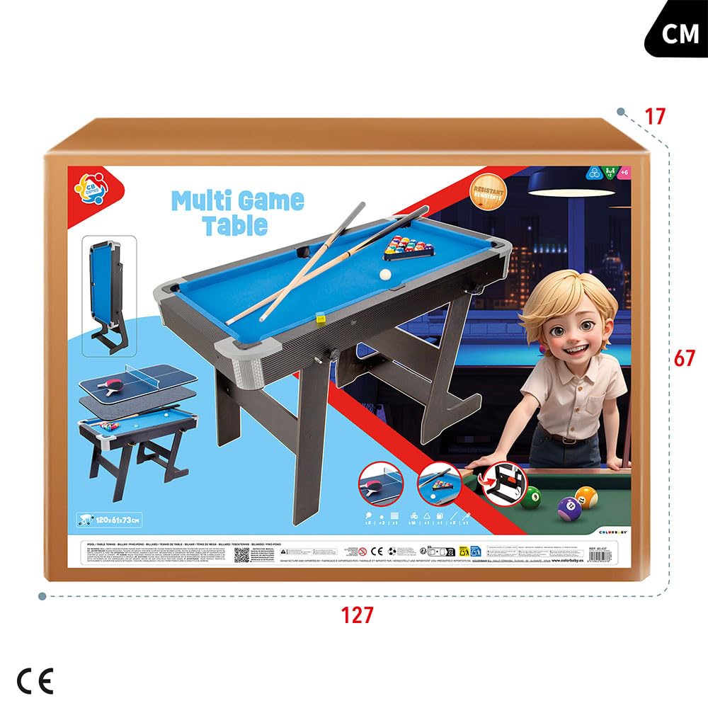 ColorBaby 85437 Mesa multijuegos Plegable, Billar y Ping Pong, 120x61x73 cm, De Madera, Incluye 2 Tacos, 16 Bolas, 1 Tiza, 1 Cepillo, 1 triángulo, 2 Palas, 1 Red y 3 Pelotas, 6 años y mas