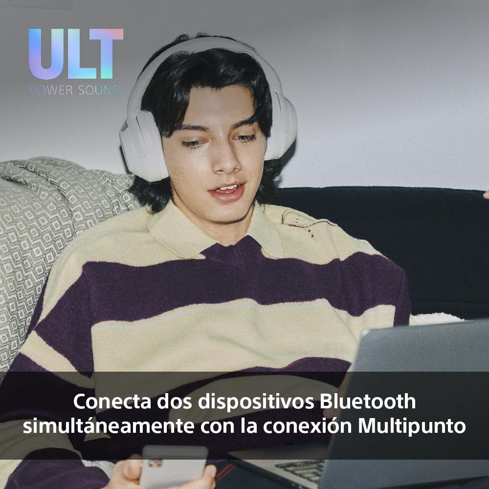 Sony ULT Wear, Auriculares inalámbricos Bluetooth con ULT Power Sound, Ultimate Deep Bass, Noise Cancelling, Calidad de Llamada nítida, hasta 30H de autonomía de batería, iOS y Android, Blanco Marfil