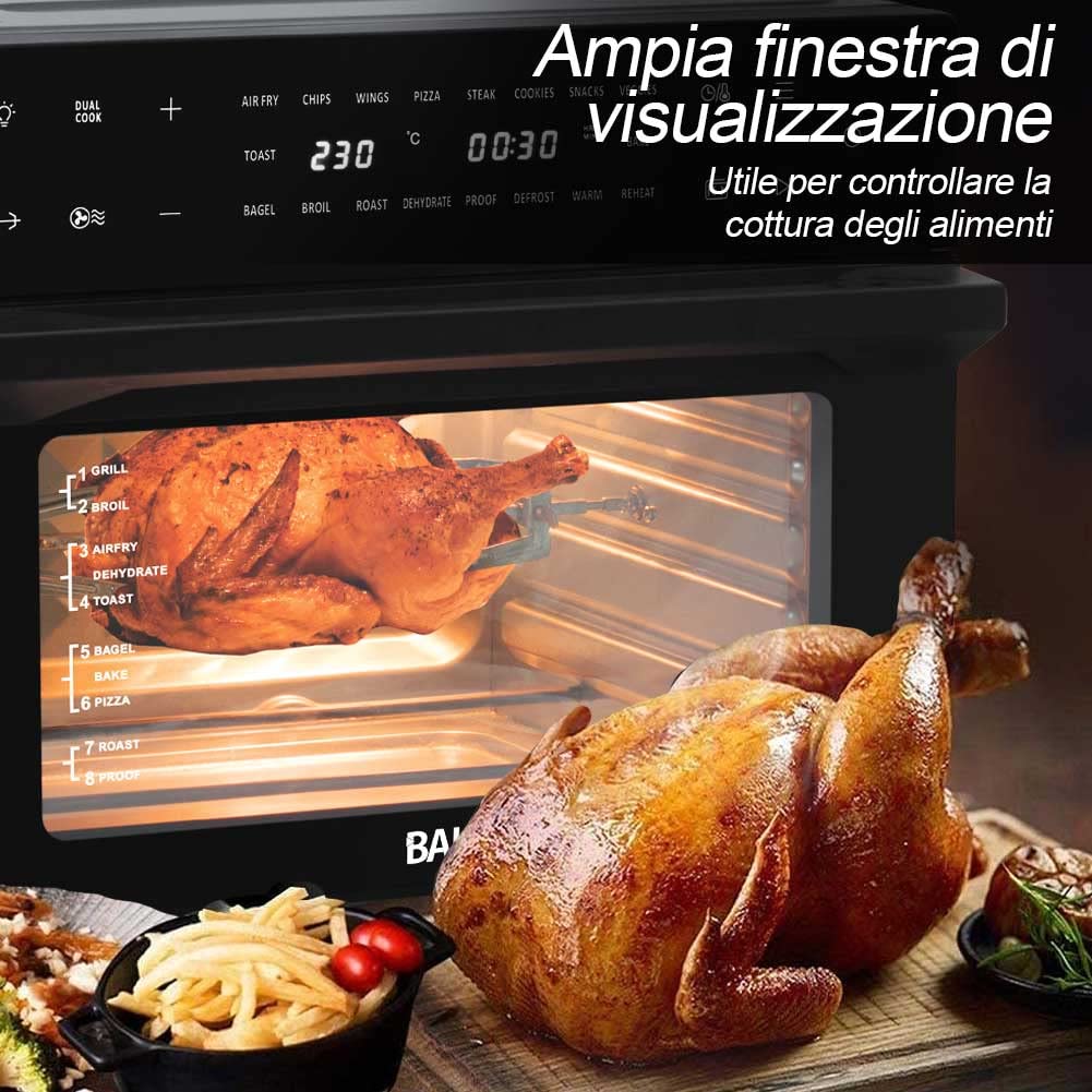 Bakaji Horno freidora de aire caliente, capacidad de 30 litros, 1800 W, freidora seca sin aceite, con pantalla táctil, 18 programas, función de doble cocción, temporizador, regulación de temperatura,