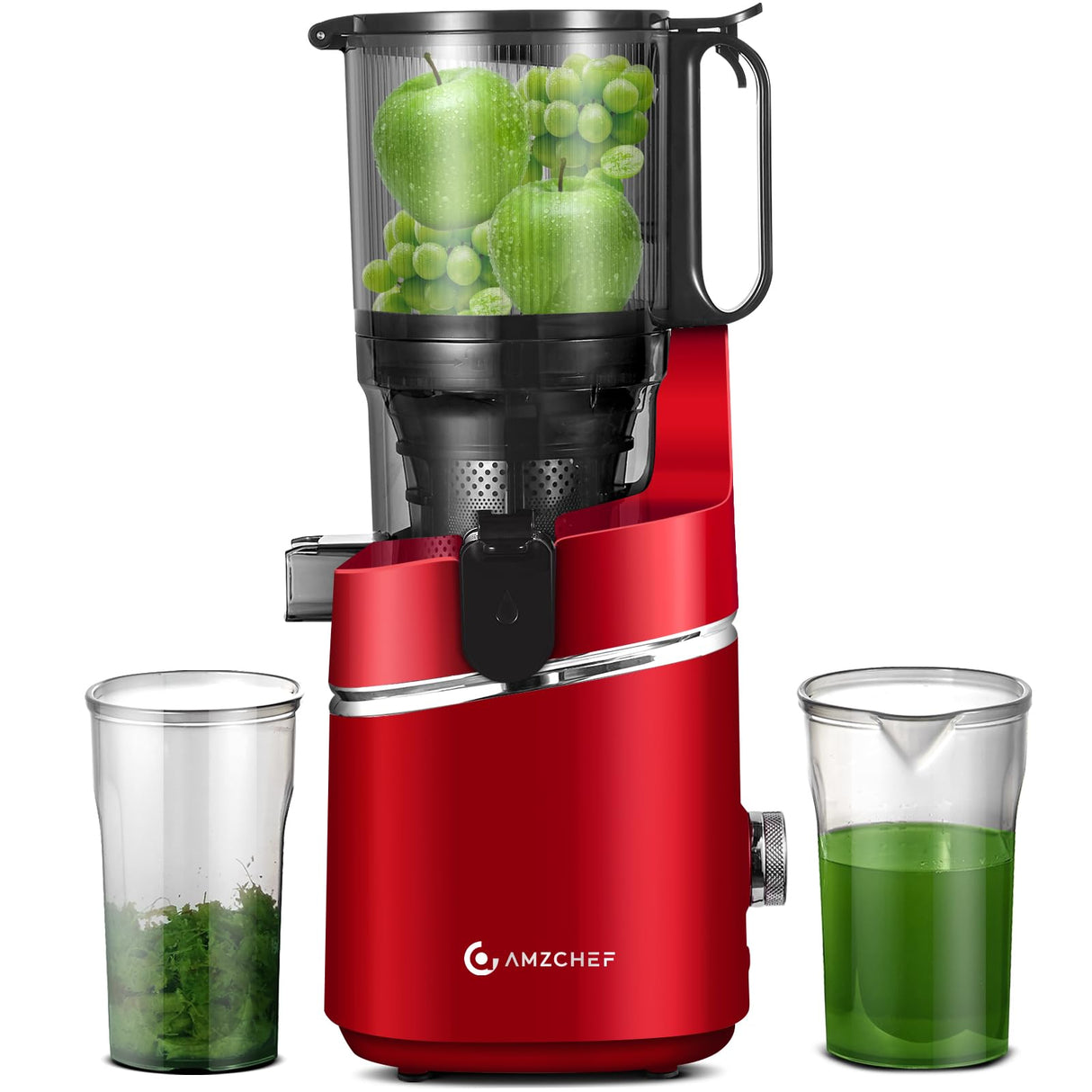 AMZCHEF Extractor de Zumos y Verduras Automático, 135MM Apertura y 1.8L Capacidad Licuadora para Verduras y Frutas Entera, 250W Licuadora Prensado en Frio Lento con Triple Filtro - Rojo
