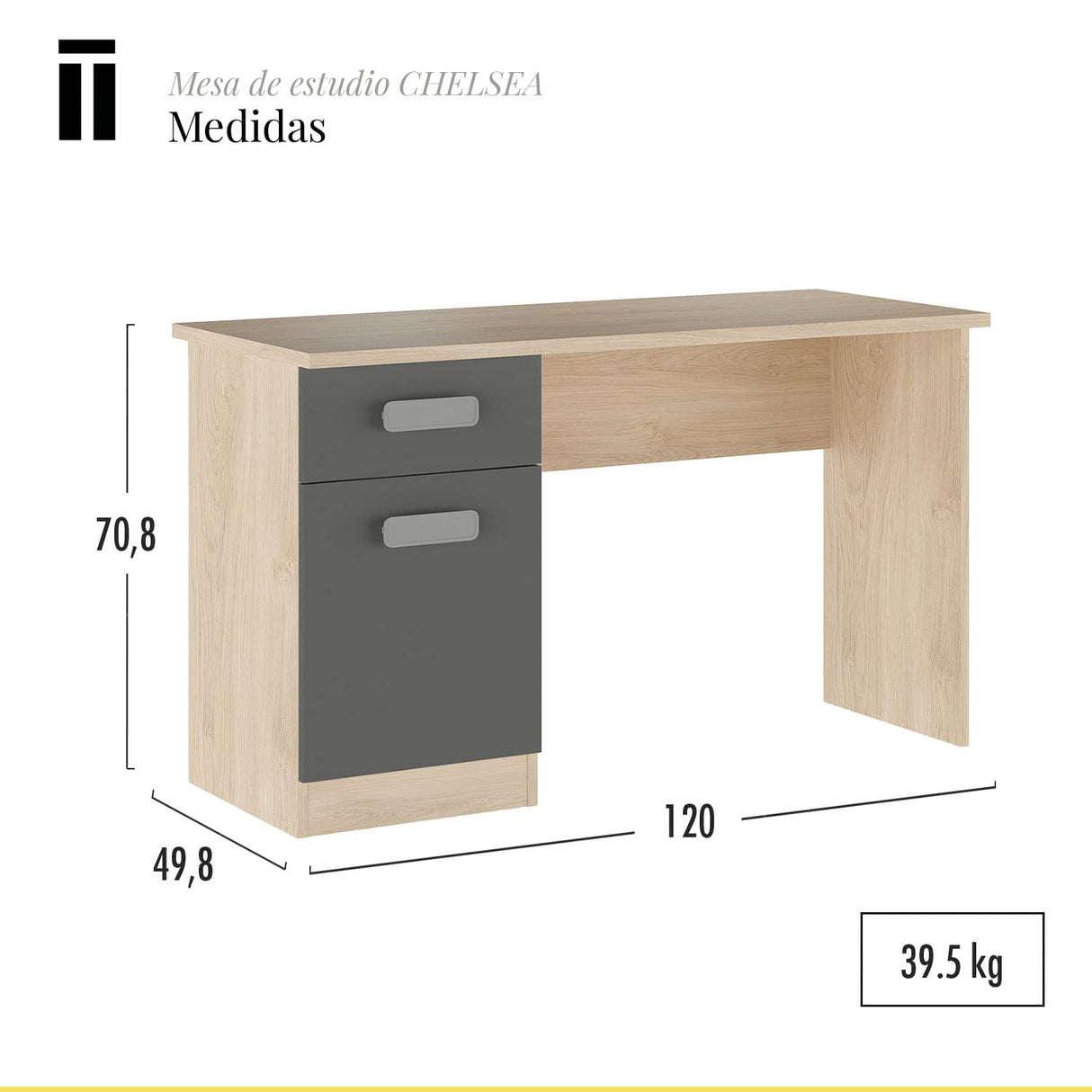 Shiito | Modelo Chelsea - Mesa de Estudio con 2 Cajones | Natural Grafito - 70.8 x 120 x 49.8 cm | Escritorio Sencillo y Moderno