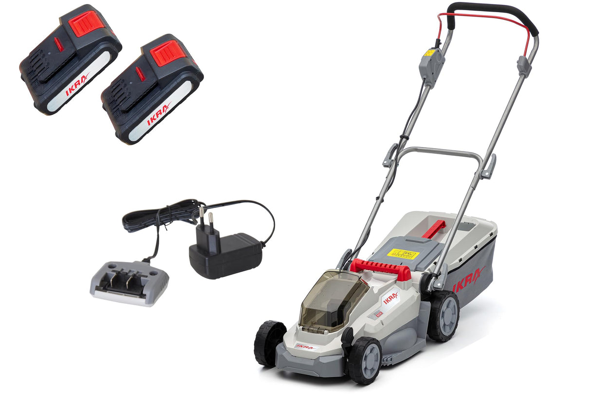 IKRA cortacésped Mulching ICM 2033 con 2X batería y Cargador, Ahorro de Espacio, Superficies de césped de hasta 150m²