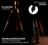 Rollei C6i Carbon - Trípode para Fotos (Compacto, Ligero, 3 en 1 con rótula Arca Swiss de Bola, monopod, trípode Macro, Incluye Picos y Bolsa (Naranja)
