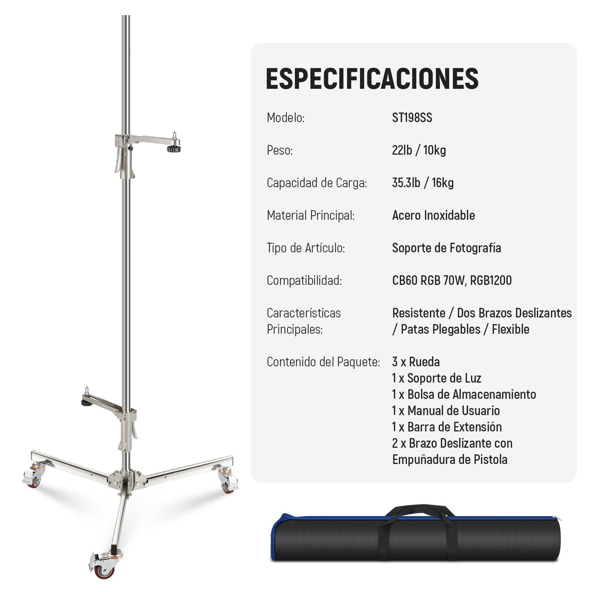 NEEWER Soporte de luz de Acero Inoxidable de 198 cm, Soporte de trípode Resistente con Ruedas giratorias, 2 Brazos deslizantes con Agarre de Pistola, Pata Plegable para fotografía, Caja de luz