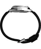Timex Q - Reloj de 37,5 mm para hombre, correa de liberación rápida de dos piezas de cuero negro, esfera verde, caja de acero inoxidable TW2W44700