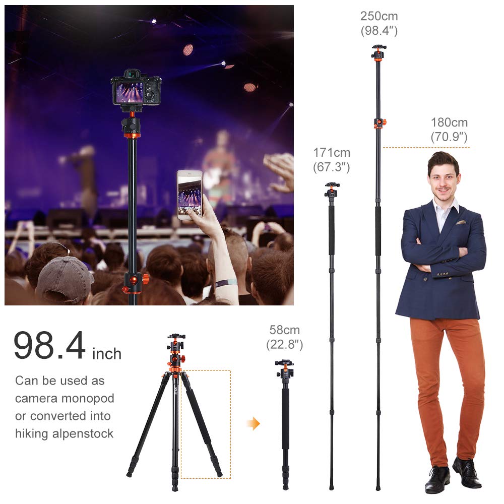 K&F CONCEPT 240cm Trípode de Cámara, Trípode Video Profesional con Columna Central Transversal con Rótula de Bola Panorámica y Placa de Liberación para DSLR Cámara T254A8+BH-28L(SA254T1)