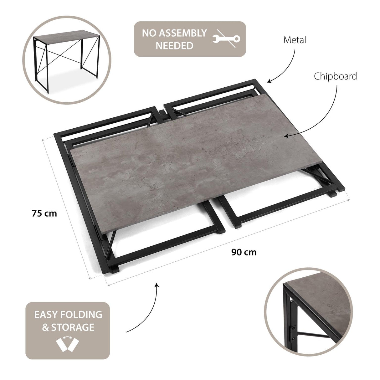 Versa Jack Escritorio Plegable para el Ordenador, Mesa para la Habitación o Estudio. Mesa Gaming, Medidas (Al x L x An) 74 x 45 x 90 cm, Madera y Metal, Color Gris