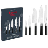 Fiskars Set de cuchillos, Sensei, 5 piezas, Cuchillo chef, Cuchillo pan, Cuchillo Santoku, Cuchillo verduras, Cuchillo para pelar, Acero inoxidable con alto contenido de carbono/plástico, 1025845