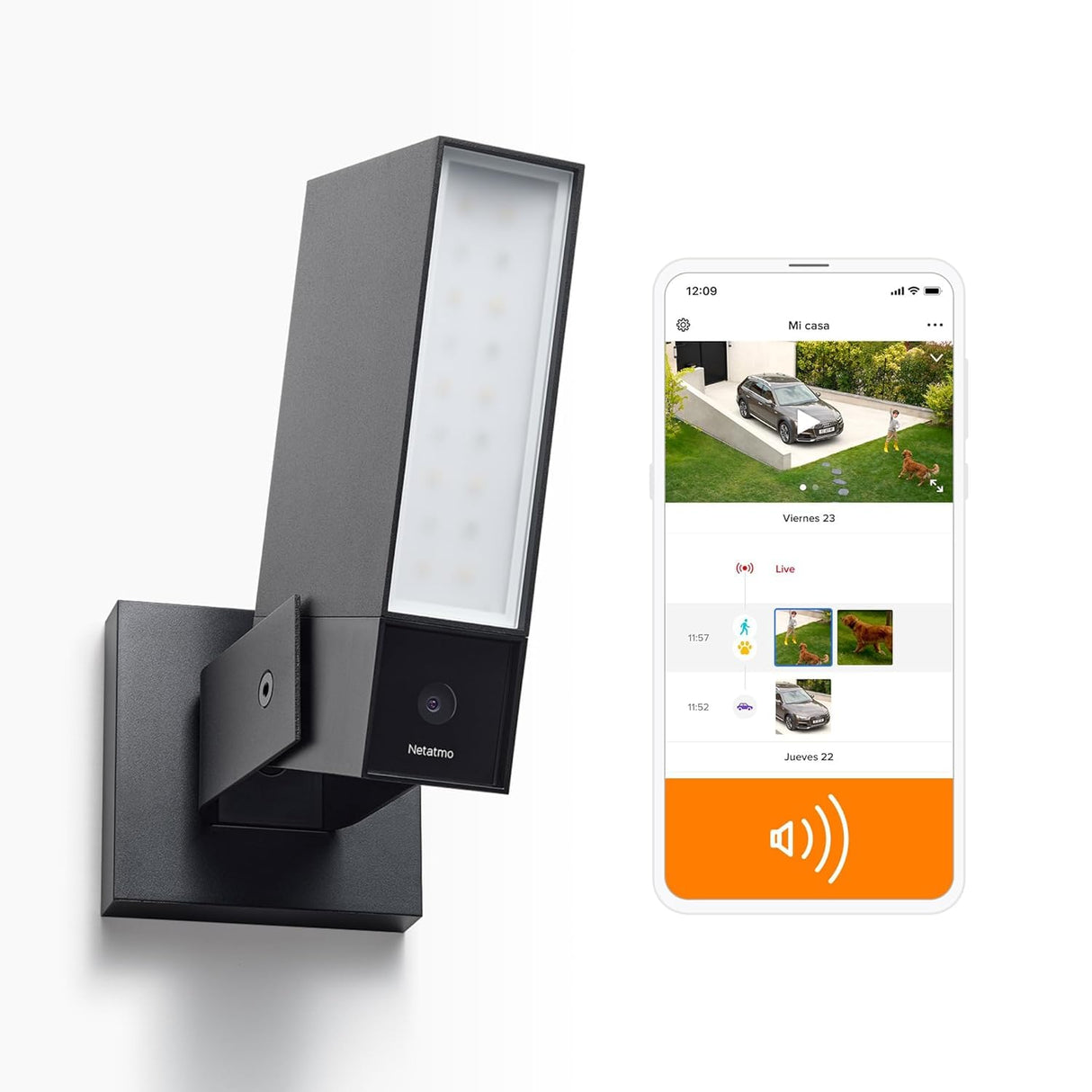 Netatmo Cámara de Vigilancia Exterior Sirena 105 dB y Foco 12W, Video HD, Detección Avanzada de Personas, Animales y Vehículos, Visión Nocturna, Almacenamiento Local Gratis - NOC-S-AMZ