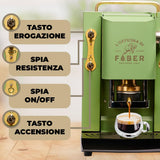 Cafeteras Faber modelo Pro Deluxe, cafetera en monodosis ESE 44 mm, acabado con revestimiento de latón, prensa de cápsulas ajustable de latón, electroválvula estándar (verde neón)