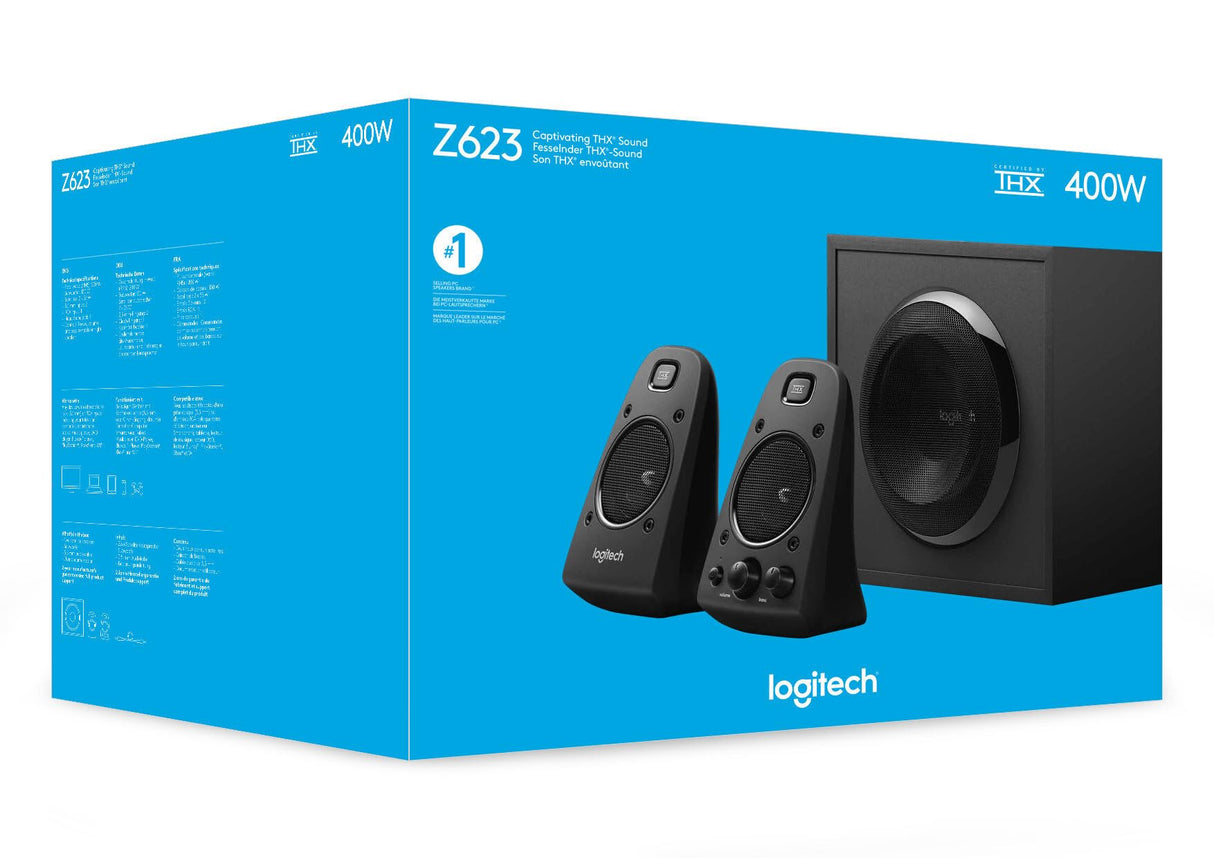 Logitech Z623 THX 2.1 Sistema de Altavoces con Subwoofer, Certificado THX Audio, 400 V de Pico, Graves Potentes, Entradas 3.5 mm/RCA, Enchufe EU, Negro