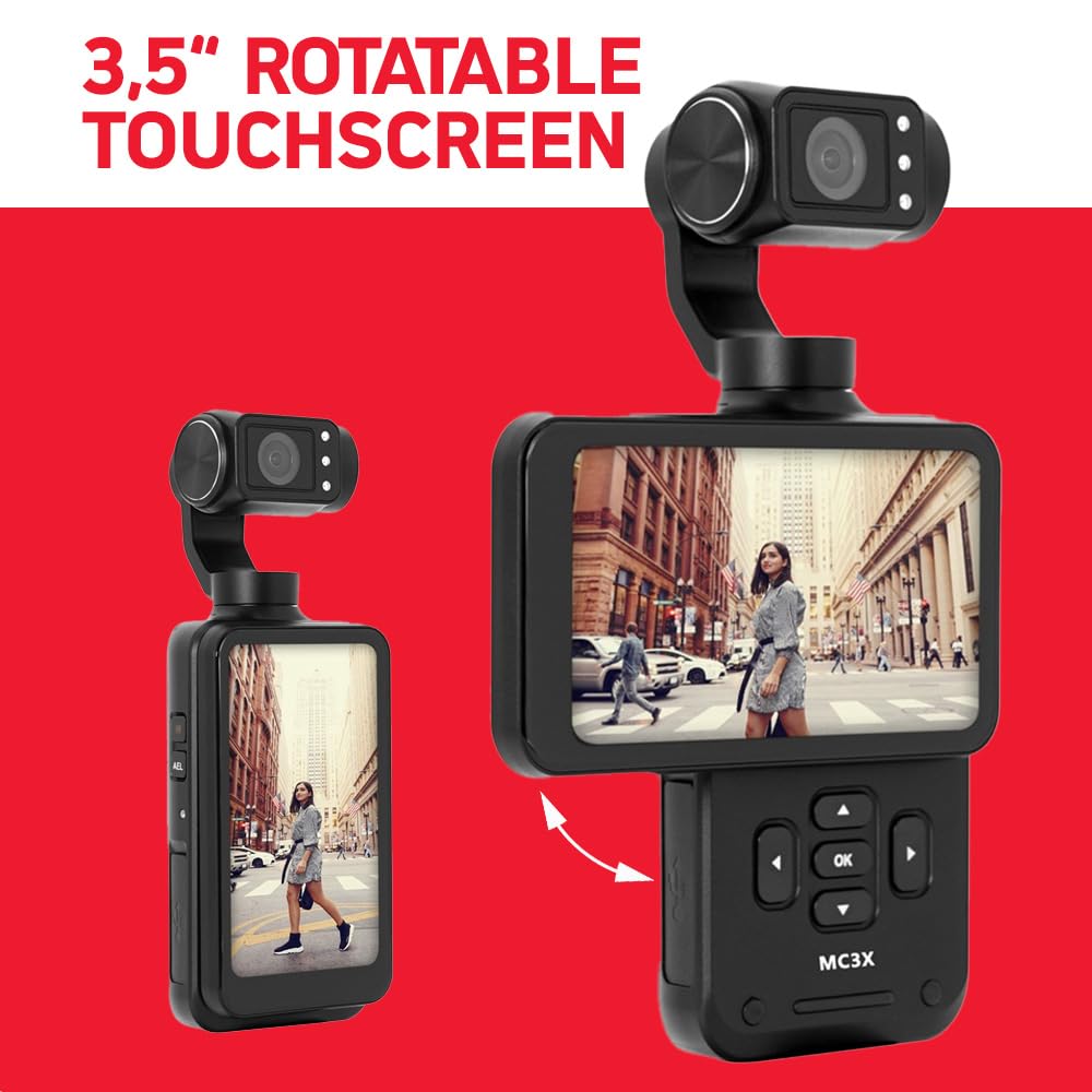 AgfaPhoto Realimove MC3X - Mini cámara estabilizada de 3 Ejes, vídeo Full HD, Pantalla LCD, conexión Wi-Fi, batería de Litio, Color Negro
