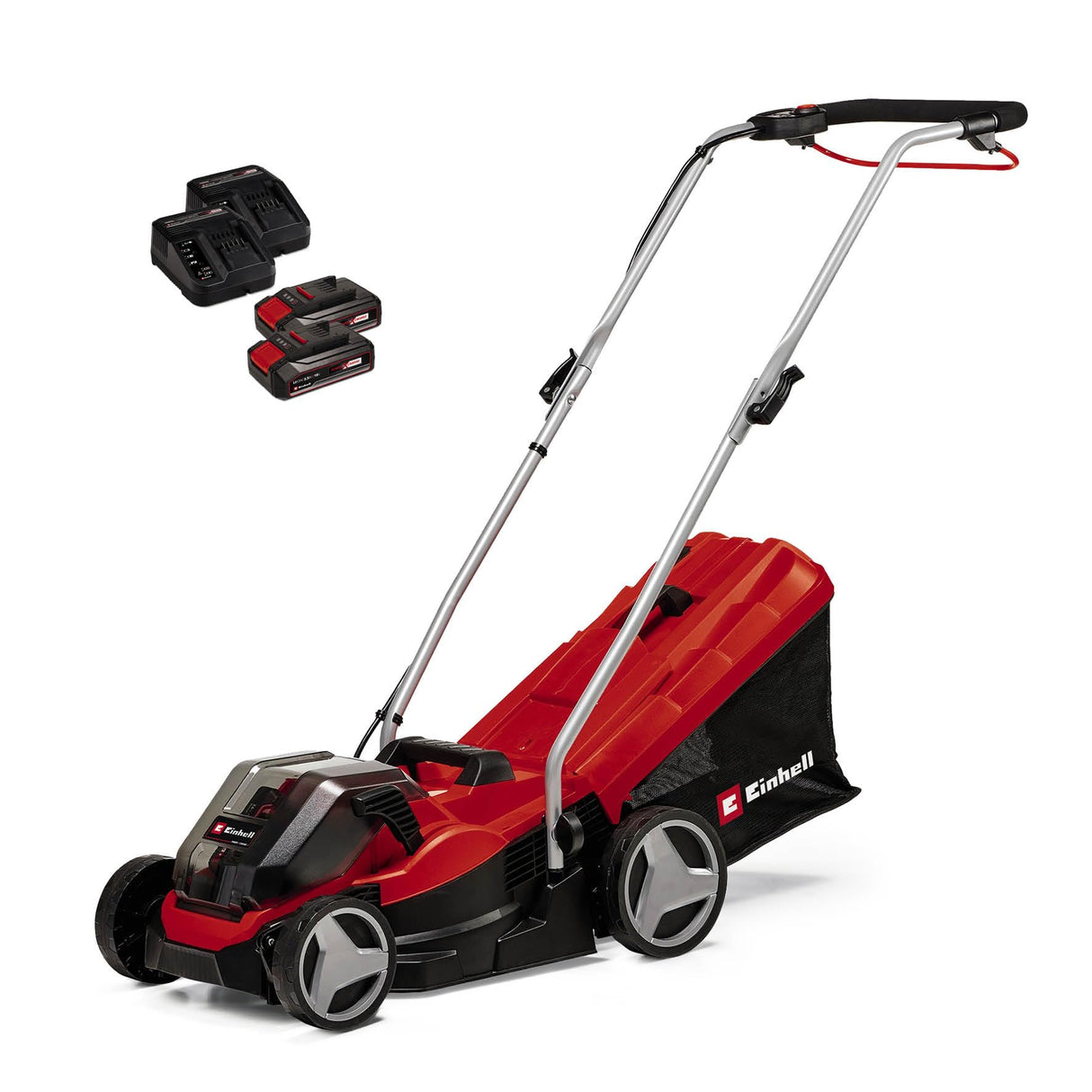 Einhell Cortacésped a batería GE-CM 36/33 Li Kit Power X-Change (36 V, 33 cm ancho de corte, hasta 250 m², 30L bolsa recolectora, 25-65 mm altura de corte, con 2x 2,5 Ah baterías + 2x cargadore)