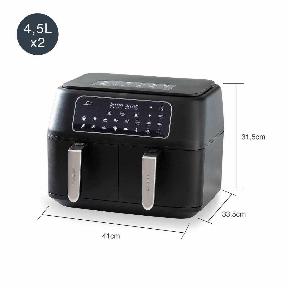 Lacor - 69508 - Freidora Sin Aceite DuploAir, Air Fryer con Pantalla Táctil, Doble Cestillo, Incluye Recetario, 11 programas, Función Deshidratado, Antiadherente ECO, Gran Capacidad 9L, 2400 W