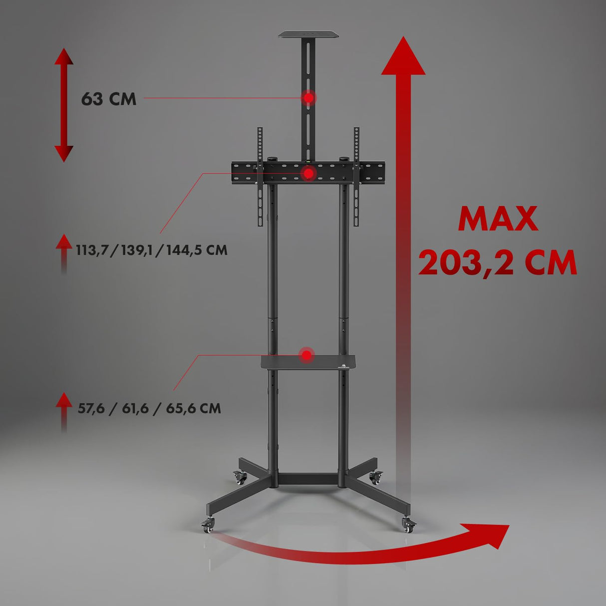 Maclean Soporte para TV sobre ruedas 37-70″ | Carrito móvil con 2 estantes ajustables en altura, estante para cámara VESA 600 × 400, gestión de cables | capacidad de carga 45 kg | acero negro | MC‑113