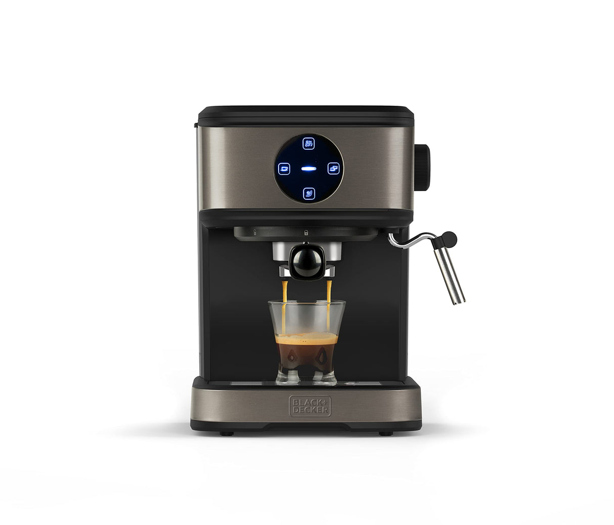Black+Decker BXCO850E - Cafetera espresso, 20bar, 1 o 2 cafés, función vapor, paro automático, cantidad programable, sistema extra cream, 1.5l, acabado antihuellas en acero inox, 850W