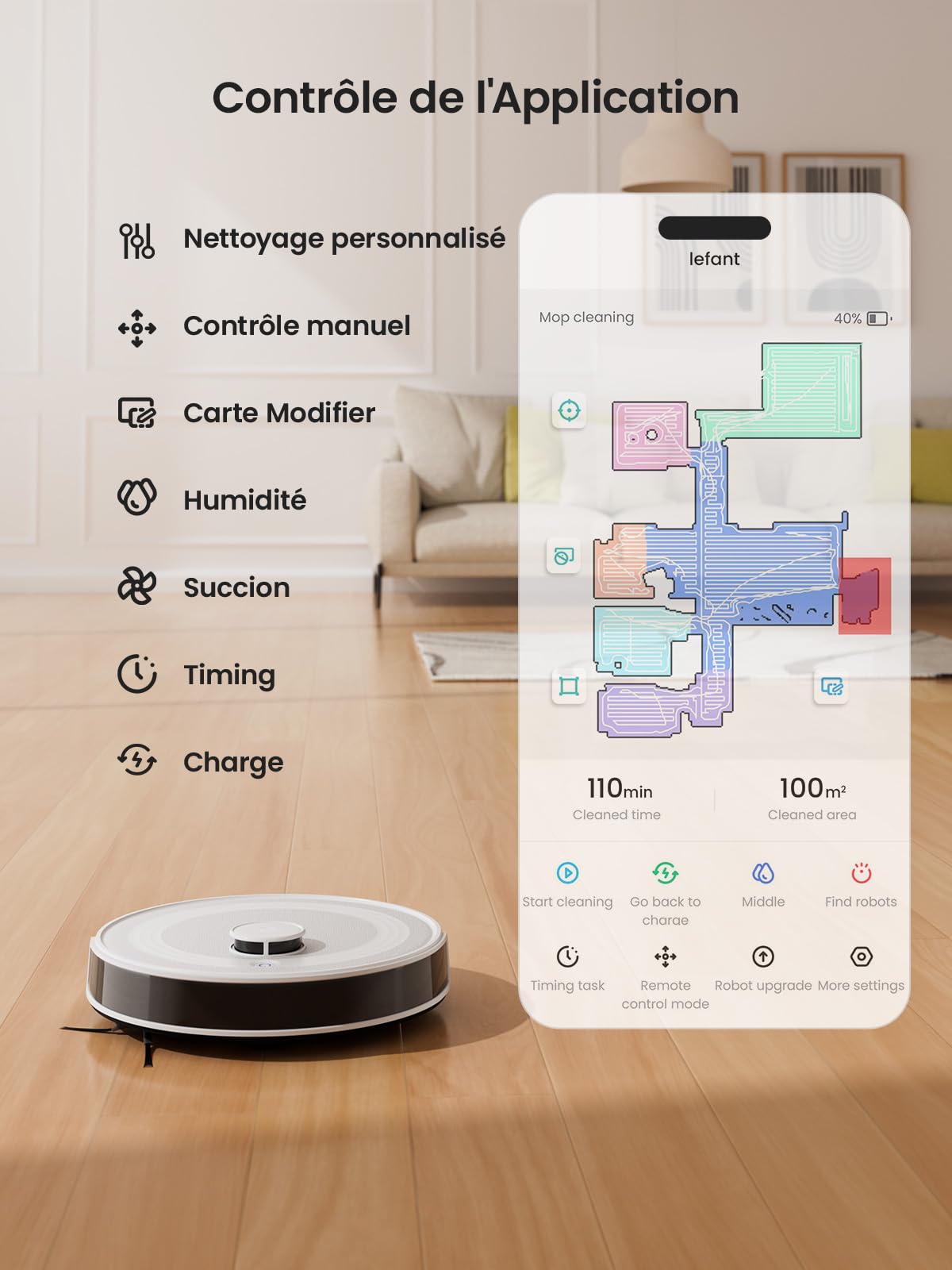 Lefant M2 Robot Aspirador Lavador con cartografía, aspiración de 5500Pa, navegación láser, tecnología de evitación PSD, Limpieza Personalizada, duración de 240 Minutos, Control vía App/Alexa/WiFi