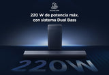 TCL Barra de Sonido S55HE 2.1, 220 vatios, Cine en casa, expansión de Sonido, Dolby Atmos, DTS Virtual:X, Barra de Sonido con subwoofer, Mando a Distancia único, Bluetooth 5.3, HDMI, USB