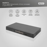 DIGITUS Conmutador de Red PoE de 19 Pulgadas - 16 Puertos Gigabit + 2 Puertos Gigabit SFP - No gestionado - VLAN - 250W PoE Power Budget - 10/100/1000 Mbit/s - Negro