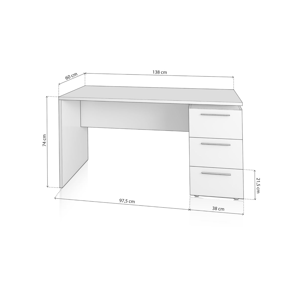 duehome | Mesa de Despacho 3 Cajones, Escritorio, Modelo Sasha, Acabado en Color Blanco Artik, Medidas: 138 (Ancho) x 60 cm (Fondo) x 74 (Alto)