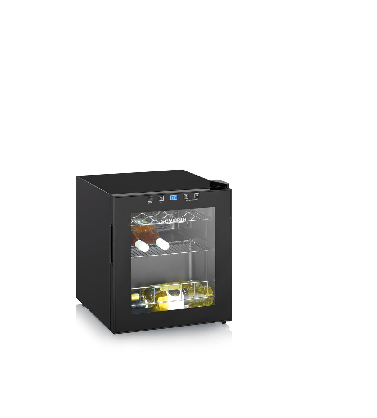 SEVERIN WKS 8907 Vinoteca para 15 Botellas, 46 L, Temperatura: 5° y 18°C, Nivel Ruido 43 dB(A), Puerta de Cristal con Marco de Plástico y 2 Rstantes Cromados, 1 de Ellos Regulable en Altura, Negro