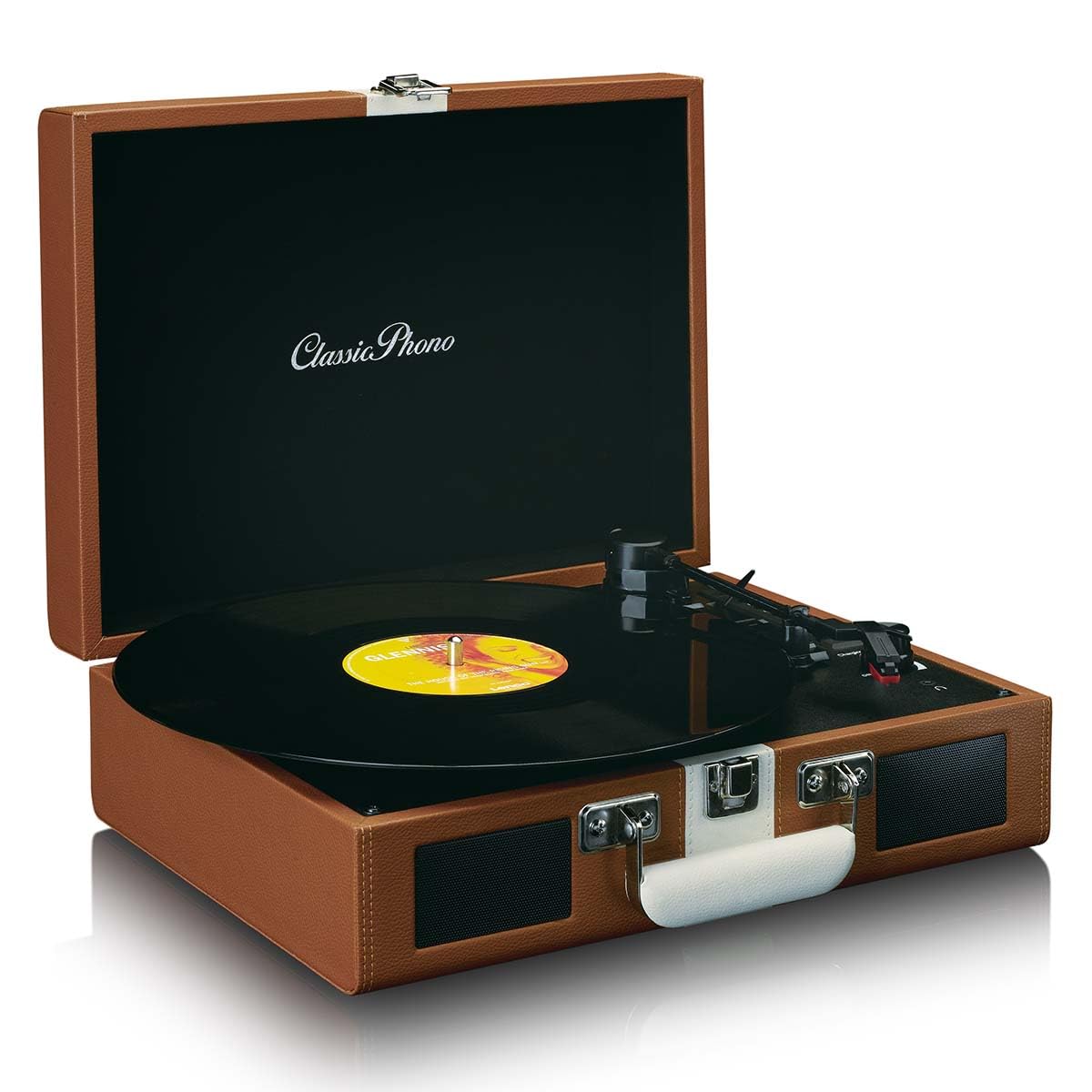 Classic Phono by Lenco TT-120 Tocadiscos - Tocadiscos con batería integrada - Bluetooth - 33, 45, 78 RPM - transmisión por correa - 2 altavoces - entrada auxiliar - salida RCA - 3,5 mm - marrón/blanco