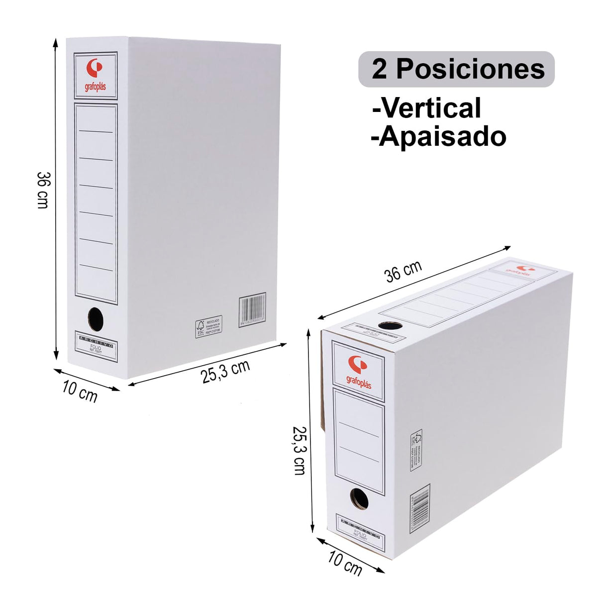Grafoplás 70905700. Pack de 50 Cajas de Archivo Definitivo de Cartón, Tamaño Folio, 2 Frentes para Archivo Vertical y Apaisado, Certificados FSC, 36x25,3x10cm