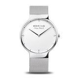 BERING 15540-004 Reloj de cuarzo para hombre con caja de acero inoxidable plateado de 40 mm y esfera blanca, correa milanesa, cristal de zafiro y resistencia al agua de 5 ATM