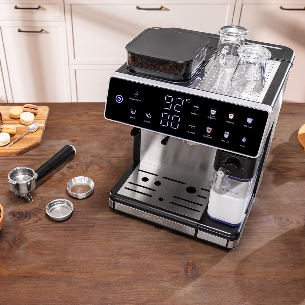 Cecotec Cafetera Express Barista Power Espresso 20 Barista Grind & Latte. 1350W, 20 Bares, Molinillo Cónico, 2.6L Depósito Agua, 100g Café y 500ml Leche, Pantalla Táctil, Autolimpieza, Personalizado