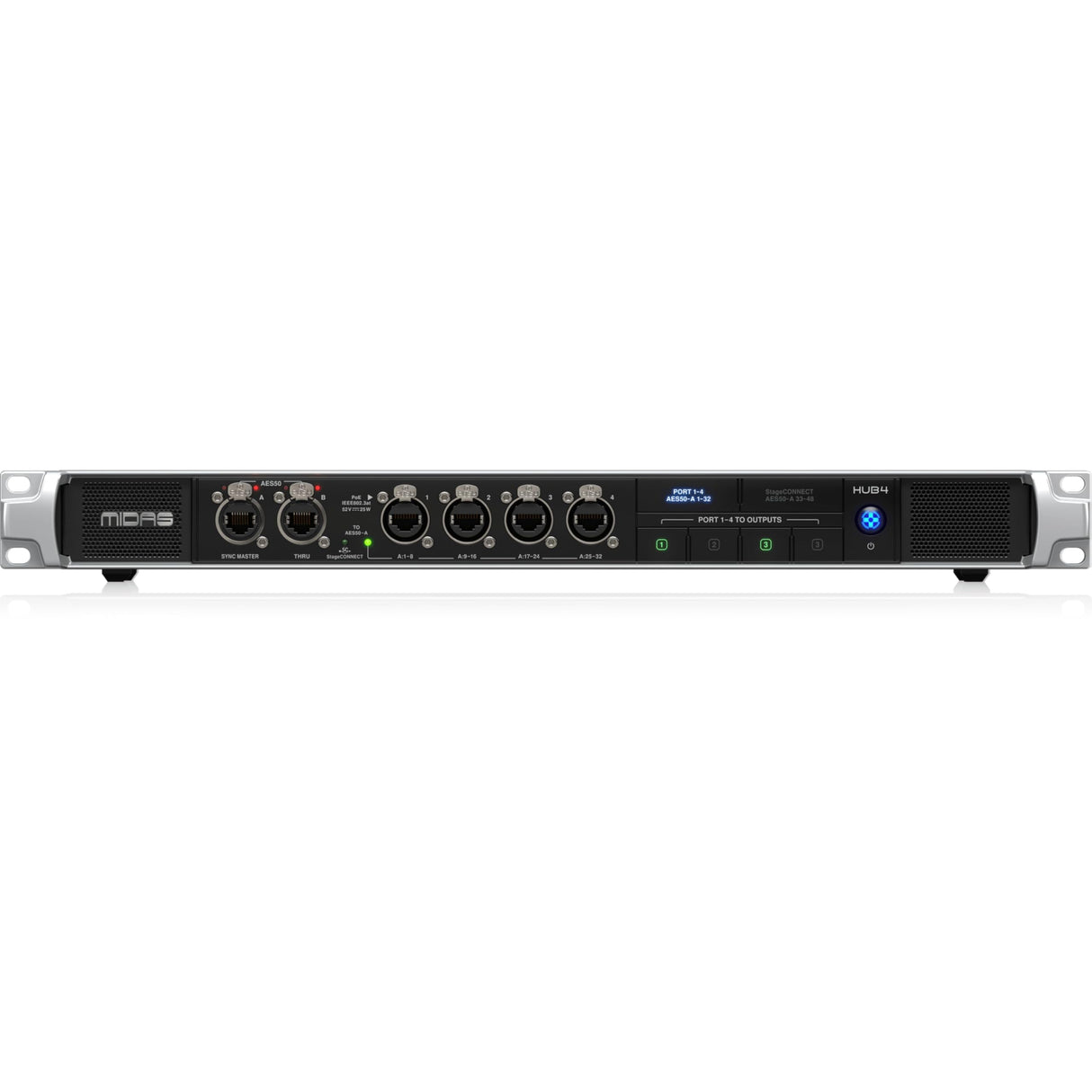 Concentrador de sistema de monitor Midas HUB4 con 4 puertos PoE para mezcladores personales o cajas de escenario compatibles, entrada y salida AES50 de 48/44,1 kHz