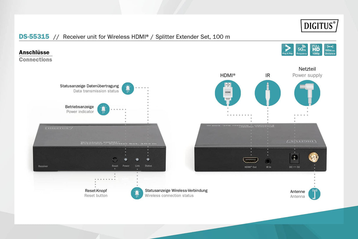 DIGITUS DS-55315 Extensor HDMI inalámbrico/Divisor HDMI (1:4) - Full HD 1080p 60 Hz - Alcance de 80 m - Unidad receptora para DS-55314 - Salida en Bucle, Infrarrojos IR - HDMI 1.3 y HDCP 1.3