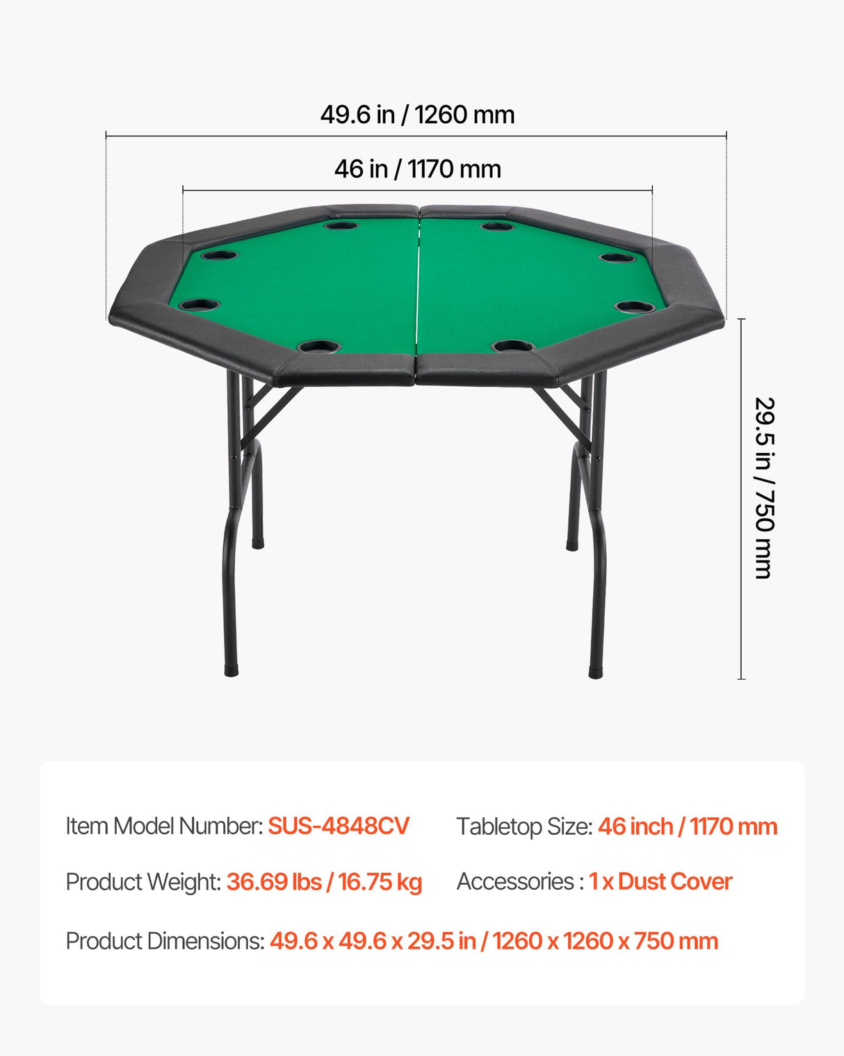 VEVOR Mesa de Póker Plegable, Mesa de Casino Plegable para Ocho Jugadores con Rieles Acolchados y Portavasos, con Patas de Fieltro y Metal, para Texas Hold'em y Blackjack, 1260 x 1260 x 750 mm