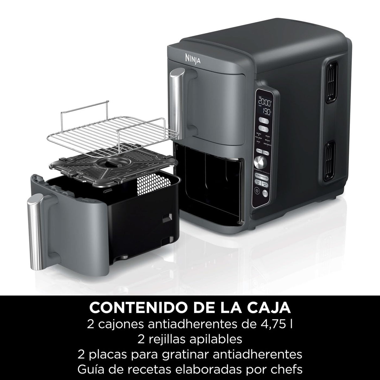 Ninja Double Stack XL Freidora de aire, 9,5 l, Doble cesta vertical, 4 niveles de cocción, 2 cestas y 2 rejillas, diseño para ahorrar más espacio, 6 funciones de cocción, 8 porciones, en gris, SL400EU