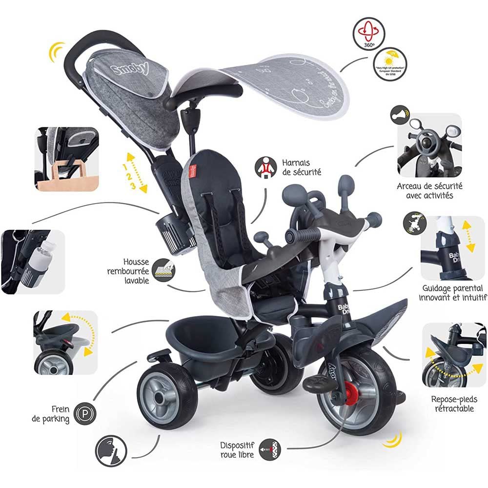 Smoby- Triciclo Baby Driver Confort Plus Gris, Evolutivo, Bastidor Metálico, con Barra de Empuje Parental, A Partir de 10 Meses