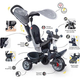 Smoby- Triciclo Baby Driver Confort Plus Gris, Evolutivo, Bastidor Metálico, con Barra de Empuje Parental, A Partir de 10 Meses