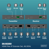 DIGITUS HDMI Fiber IP Extender Set – UHD 4k 60Hz – HDMI 2.0 – Alcance MM 300 m y SM 40 km – Transmisor y receptor – Punto a punto – Negro