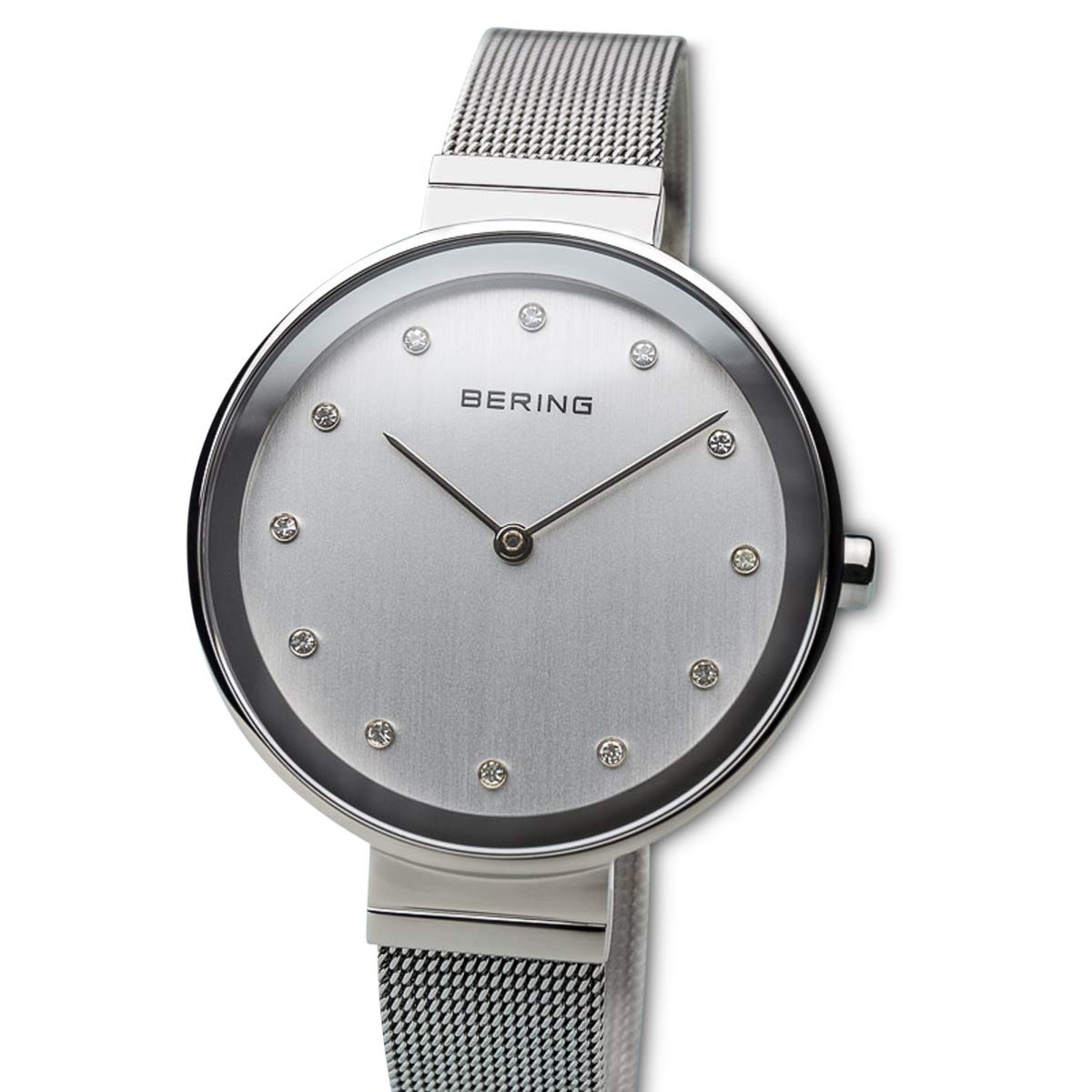 BERING 12034-000 Reloj de cuarzo para mujer con caja de acero inoxidable plateado de 34 mm y esfera plateada, correa milanesa, cristal de zafiro y resistencia al agua de 3 ATM