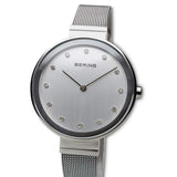 BERING 12034-000 Reloj de cuarzo para mujer con caja de acero inoxidable plateado de 34 mm y esfera plateada, correa milanesa, cristal de zafiro y resistencia al agua de 3 ATM