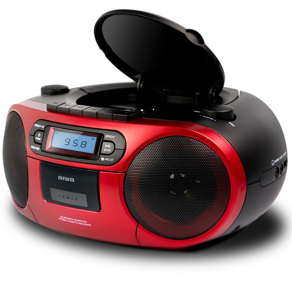 Aiwa BBTC-550RD - Radio Cassette Portátil con CD, Bluetooth y USB, Grabador de Cassettes. Color: Rojo