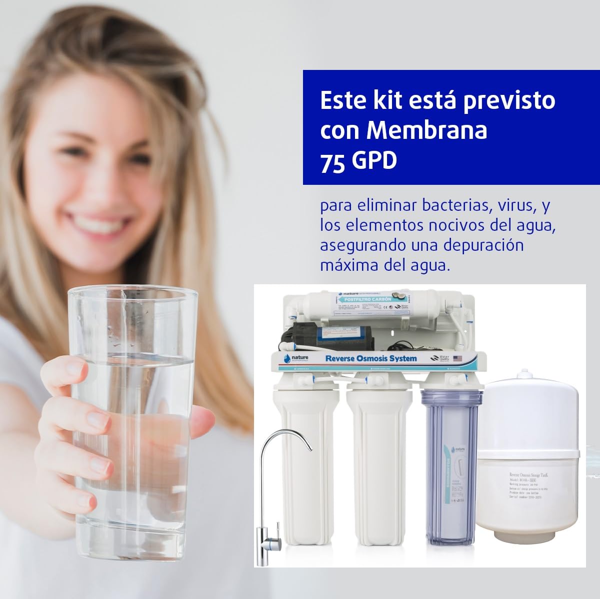 Equipo de Osmosis Inversa - Kit para Osmosis de 5 Etapas - Capacidad para 6 L - Incluye Membrana de 75GPD, Deposito de Agua, Bomba y Filtros - Nature Water Professionals