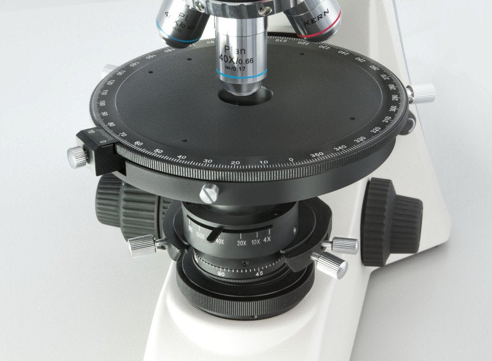 KERN Optics - Microscopio polarizador para usuarios flexibles y profesionales, Infinity, tubo binocular, halógeno de 12 V/50 W, luz, 6 V/20 W, luz translúcida