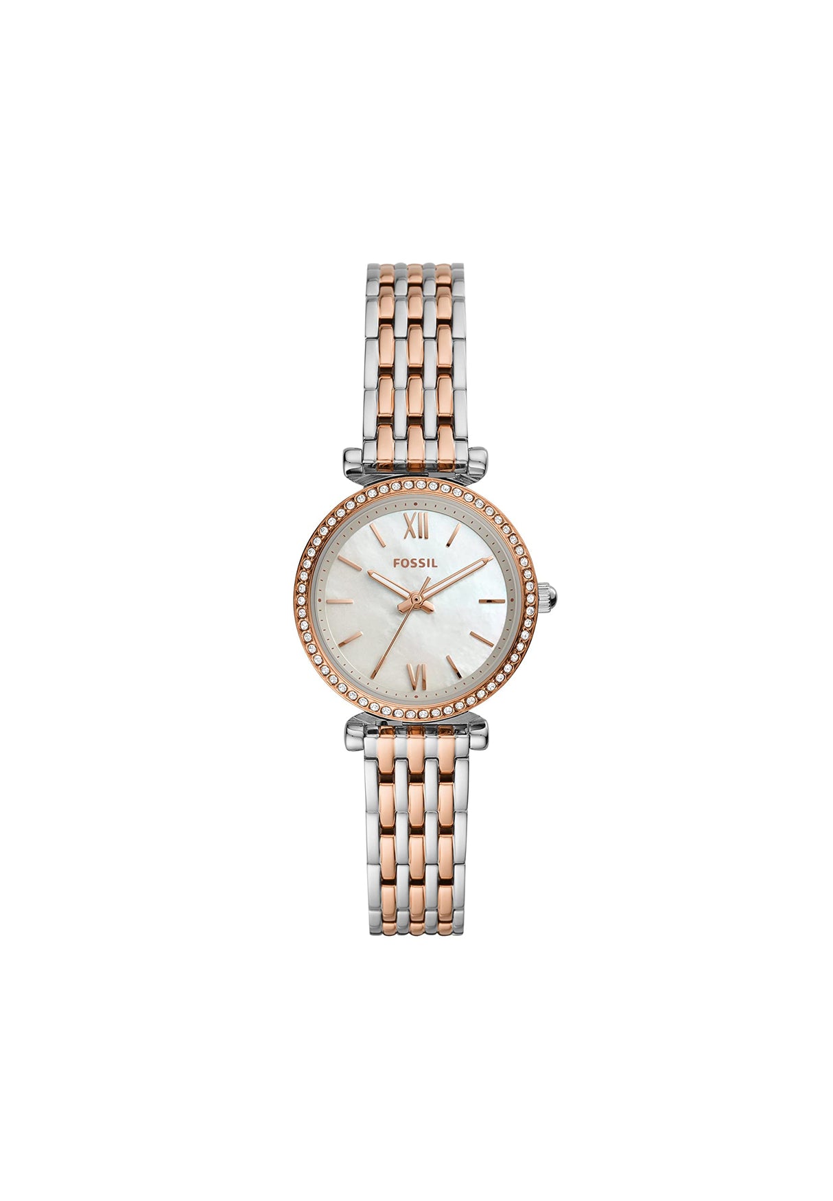 Fossil Carlie Reloj para mujer, movimiento de cuarzo con correa de acero o piel, Tono plateado y tono oro rosa, 28MM