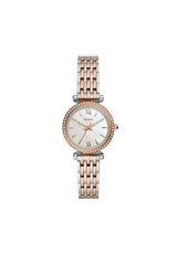Fossil Carlie Reloj para mujer, movimiento de cuarzo con correa de acero o piel, Tono plateado y tono oro rosa, 28MM