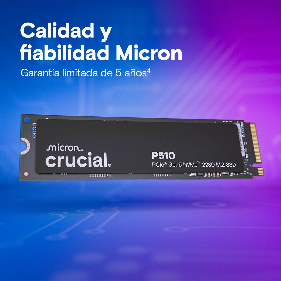 Crucial P510 SSD 1TB PCIe 5.0 x5 Gen5 NVMe M.2 SSD Interno, Velocidades de Lectura hasta 11000 MB/s, Escritura 9500 MB/s, Ordenador Portátil y de Sobremesa, Disco Duro - CT1000P510SSD8-01