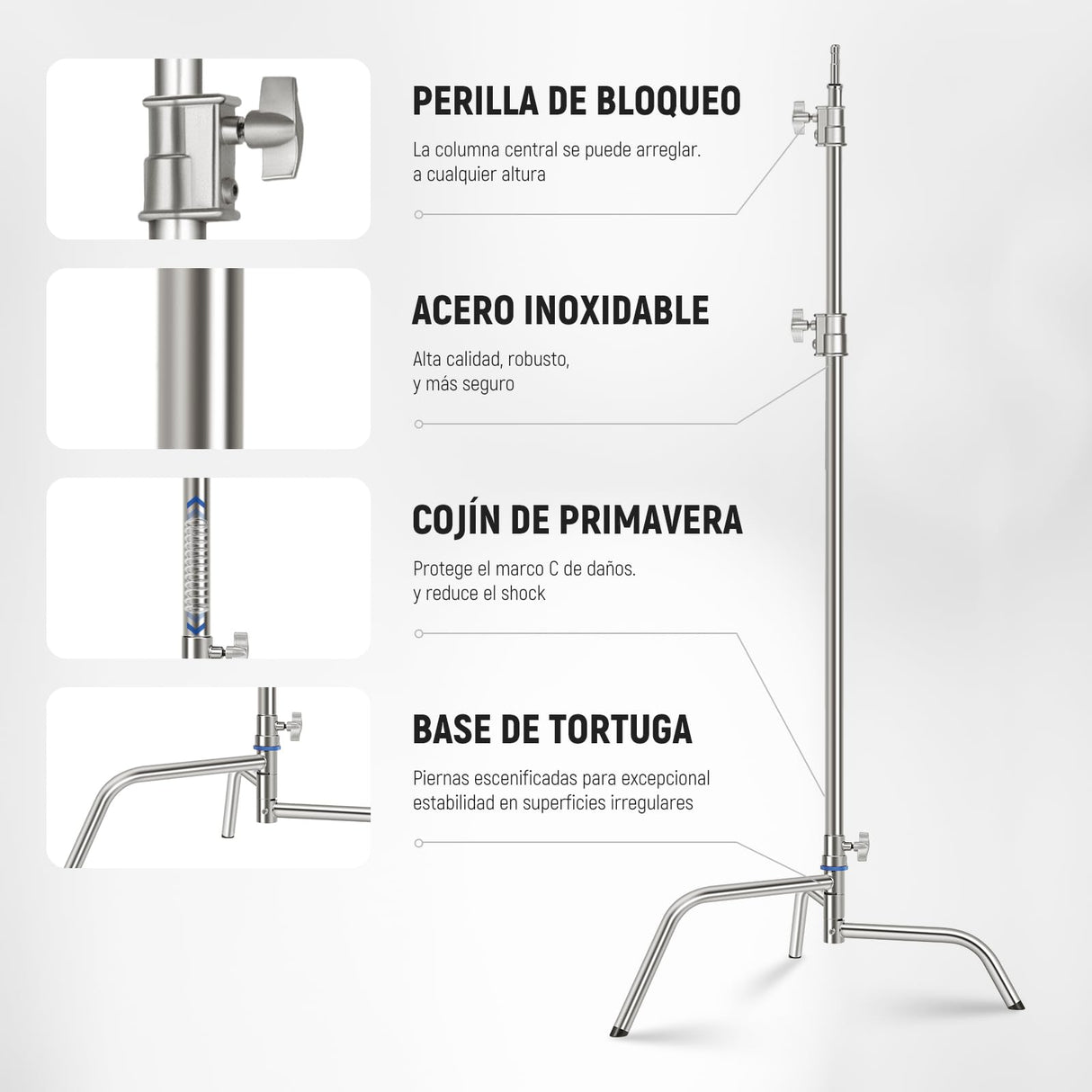 NEEWER Soporte C de Acero Inoxidable de 3,2m con Brazo de Pértigaa, Varilla Central más Gruesa, Carga Máxima 20kg, Fotografía Luz Soporte con Brazo de 1,27m para Monolight Softbox, SC320Q