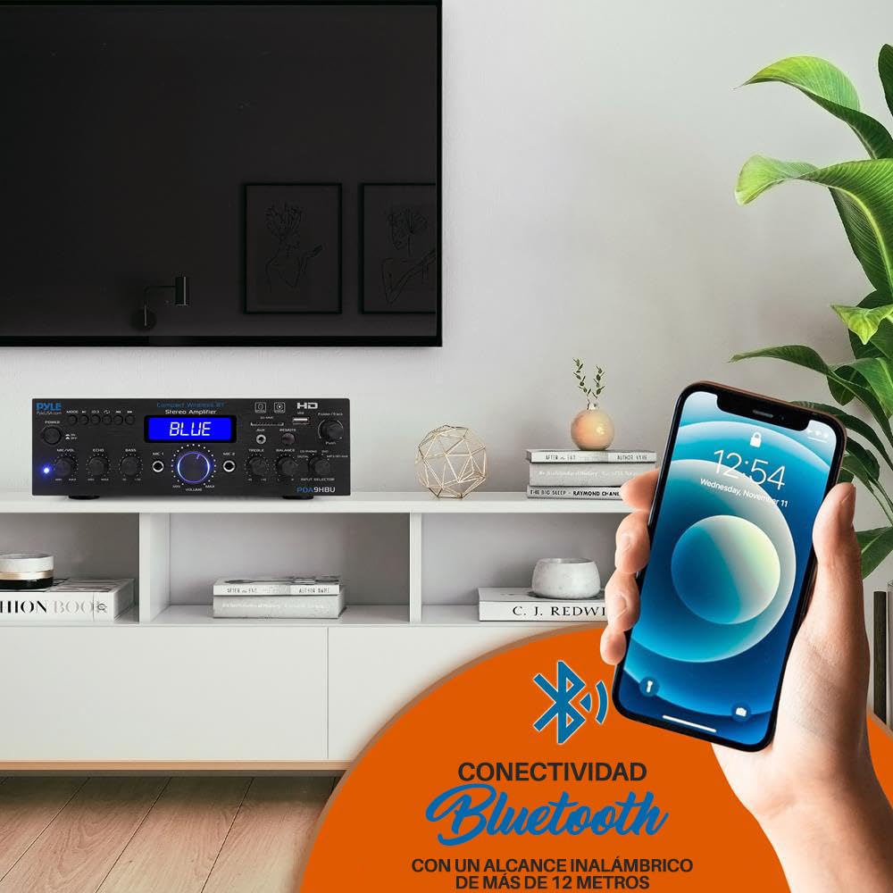 Pyle Amplificador de Sonido, 200W, Bluetooth, Inalambrico, Estereo, para el hogar, Control Remoto, Sistema con HDMI/Optico/Fono/Coaxial, Radio FM, USB/SD, AUX, RCA