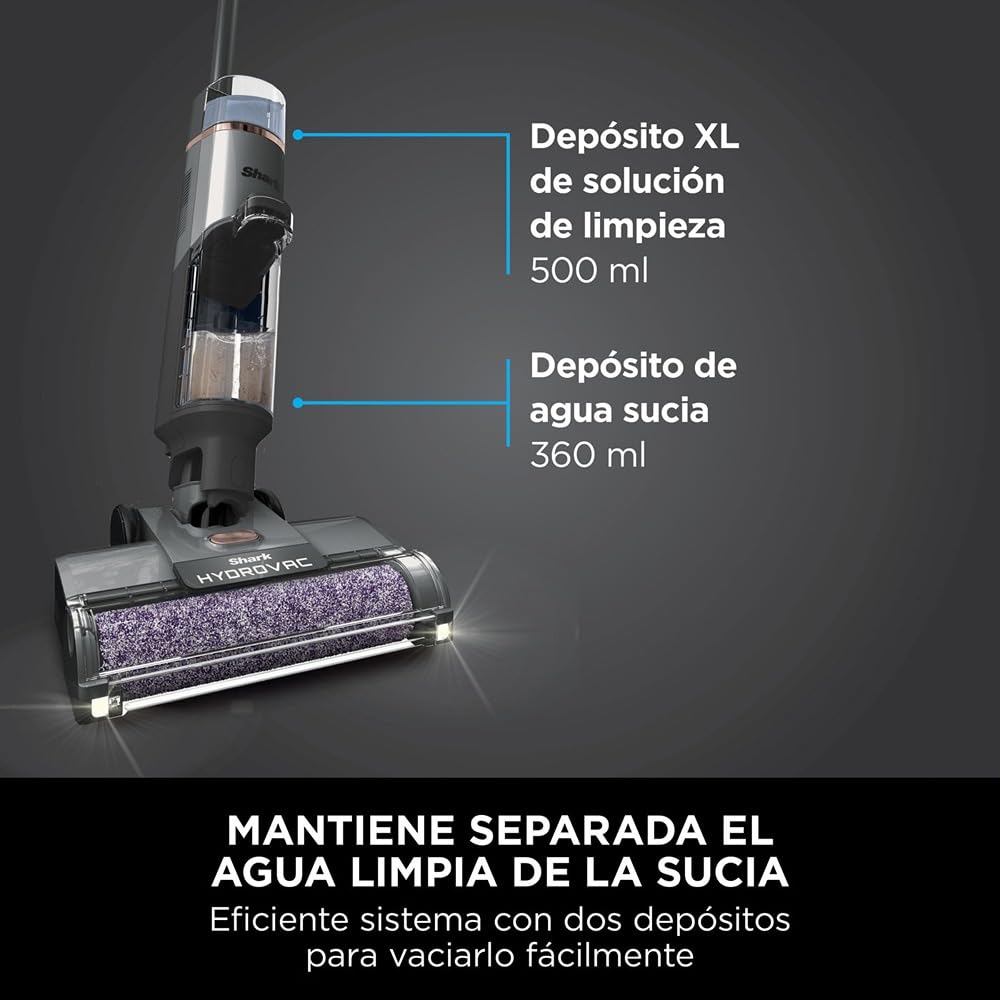 Shark HydroVac Aspiradora mopa sin cable, aspira y friega suelos, con cepillo multisuperficie giratorio antimicrobiano para eliminar olores, limpia en seco y húmedo, modo autolimpieza, gris WD210EU