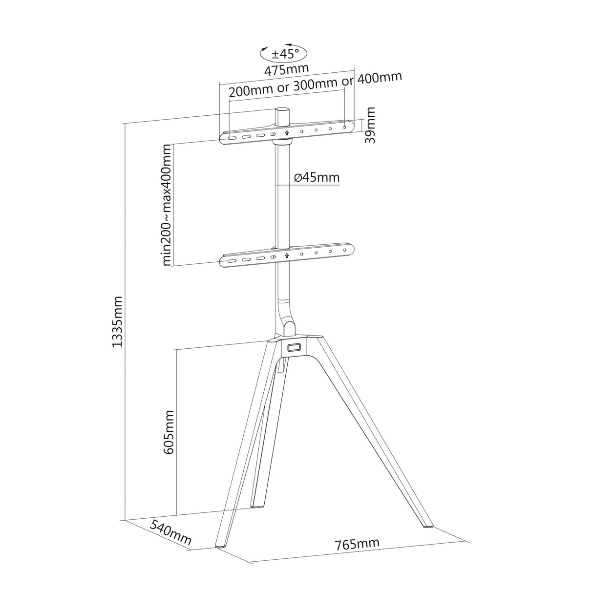 TM Electron - Soporte Pie TV - Compatible con Pantallas de 45” a 65” - Montaje VESA - Diseño Inteligente con Cables Ocultos - Ángulo de Giro de 45º - Correa Antivuelco - Negro