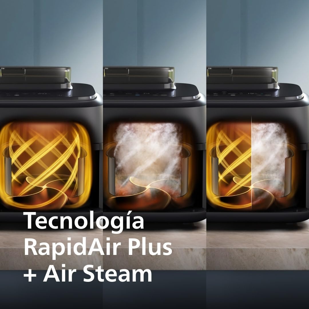 Philips Airfryer Serie 5000 Dual Basket con vapor - 9L, tecnología RapidAir Plus, 19 funciones en 1, 90% menos de grasa, Air Steam, 2 cestas, 2 tamaños, Cocina a vapor, Accesorios (NA550/00)