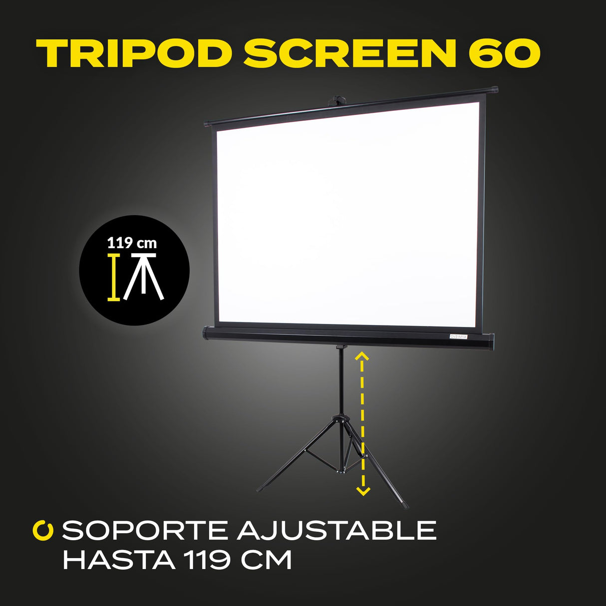 OVERMAX Tripod Screen 60” Pantalla de proyección con trípode de 60 Pulgadas, 116 × 87 cm, Tres Patas, Ajuste de Altura de Pantalla y trípode, retracción automática de Pantalla con Resorte